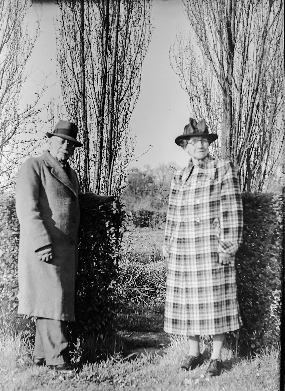 grayscale photography of two men standing beside bare trees