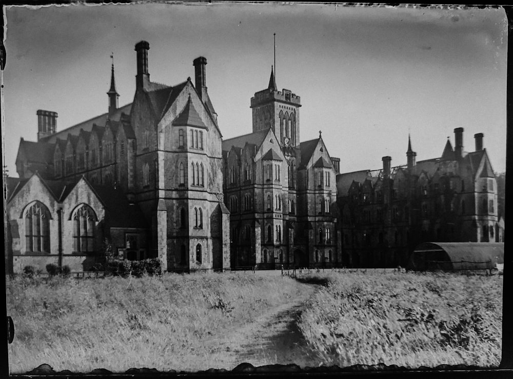 greyscale photo of castle