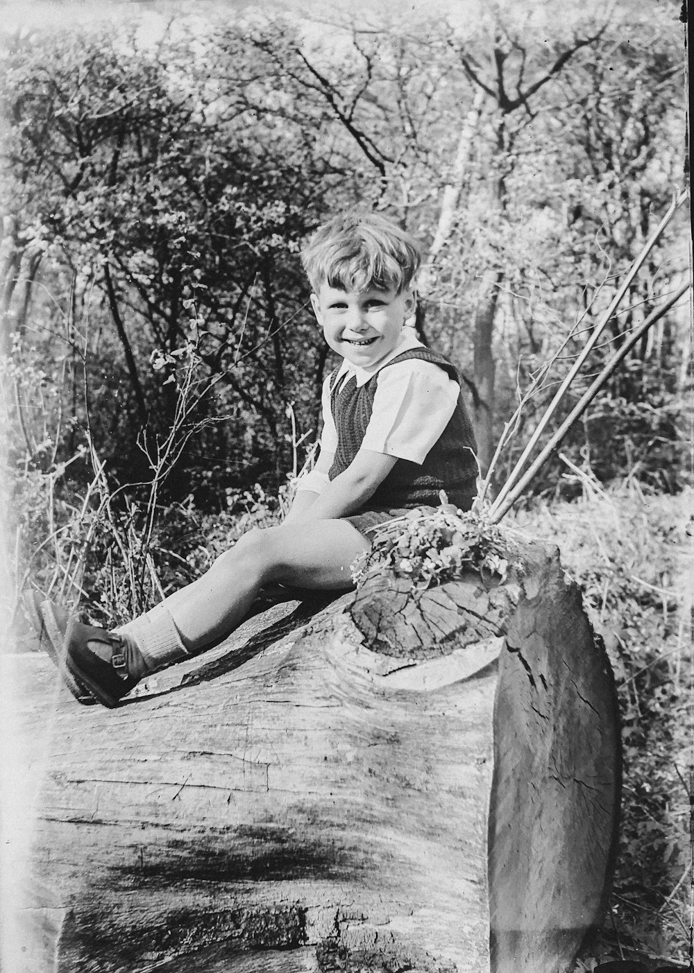 grayscale photo of boy on tree log