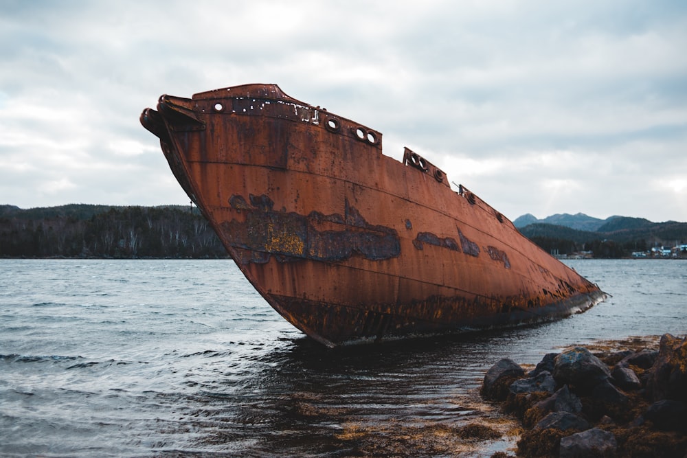 brown ship wrecked on sea during daytime