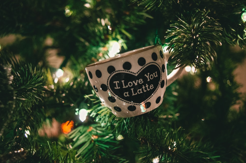 white and black I Love You a Latte polka-dot ceramic teacup on pine tree