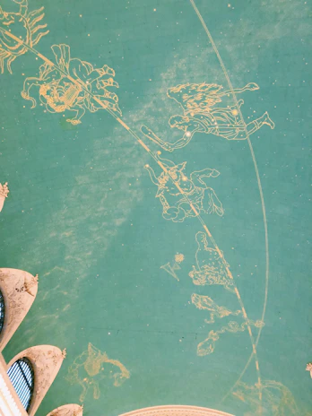 A wall decorated with zodiac signs and celestial artwork in soft pastel tones.