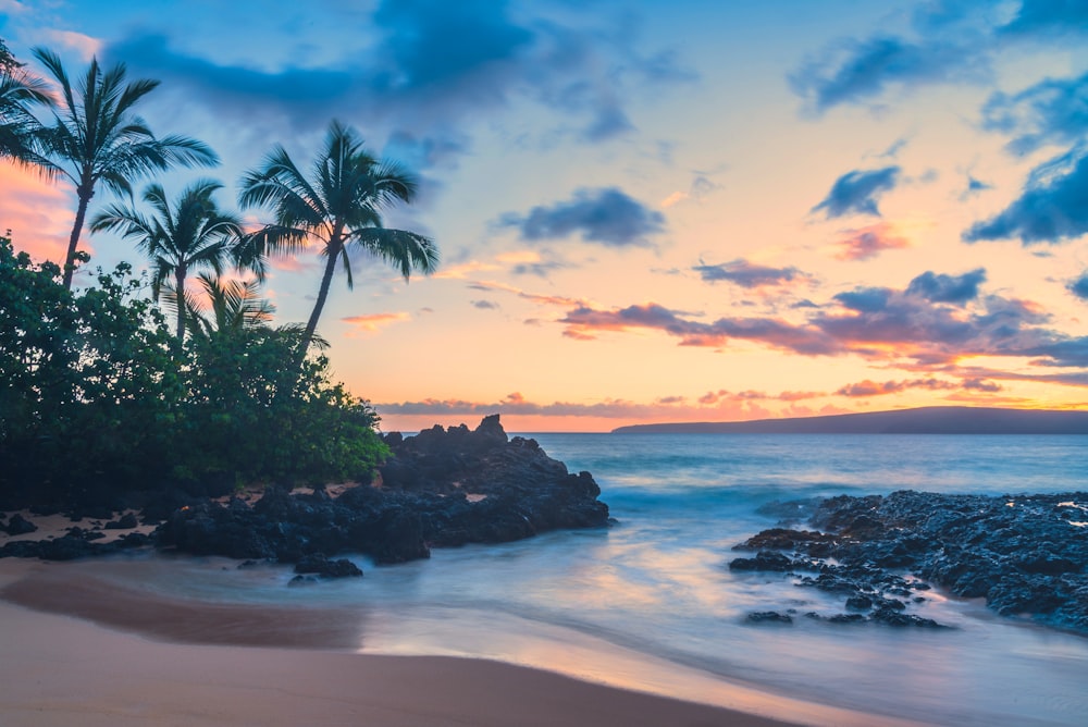 View of the sunset from a beach in Hawaii.