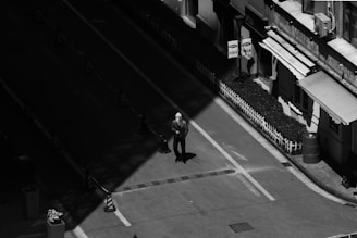 Black and white photo of an urban street scene with contrasting shadows and light.