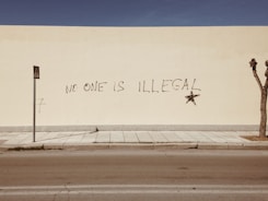 A large beige wall features graffiti with the words 'No One is Illegal' written in black, accompanied by a black star. In front of the wall, a narrow sidewalk and a street are visible, with a pedestrian sign on a pole and a leafless tree at the edge of the image. The scene is minimalistic and nearly deserted.