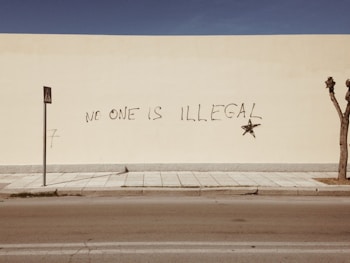 A large beige wall features graffiti with the words 'No One is Illegal' written in black, accompanied by a black star. In front of the wall, a narrow sidewalk and a street are visible, with a pedestrian sign on a pole and a leafless tree at the edge of the image. The scene is minimalistic and nearly deserted.