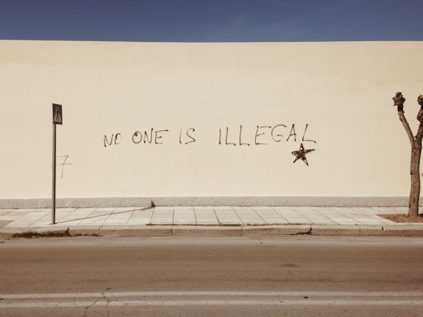 A large beige wall features graffiti with the words 'No One is Illegal' written in black, accompanied by a black star. In front of the wall, a narrow sidewalk and a street are visible, with a pedestrian sign on a pole and a leafless tree at the edge of the image. The scene is minimalistic and nearly deserted.