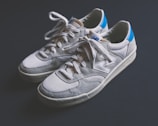 A pair of casual sneakers with white and gray tones are displayed against a dark background. The sneakers feature a prominent logo on the side, have a mesh and suede texture, with a classic lace-up design. The heel section is accented with a bright blue color.