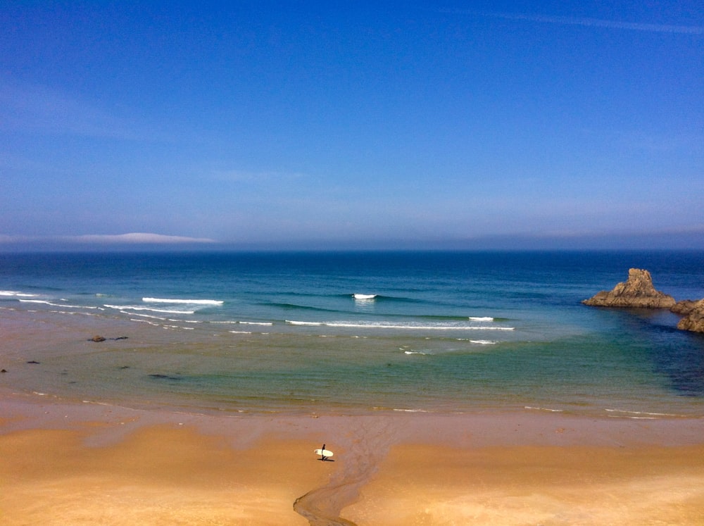 person carrying surfboard on seashore