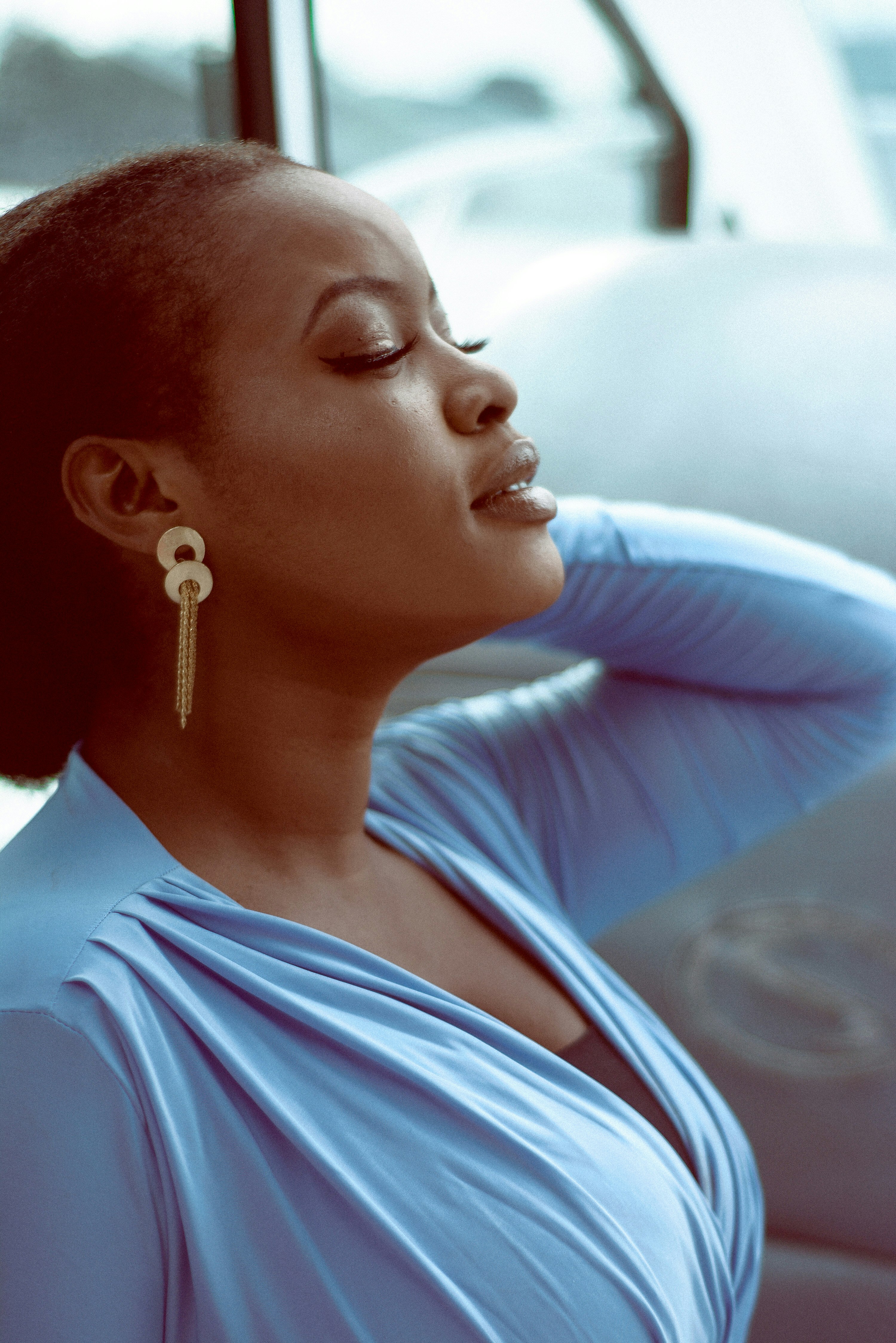 woman in blue dress