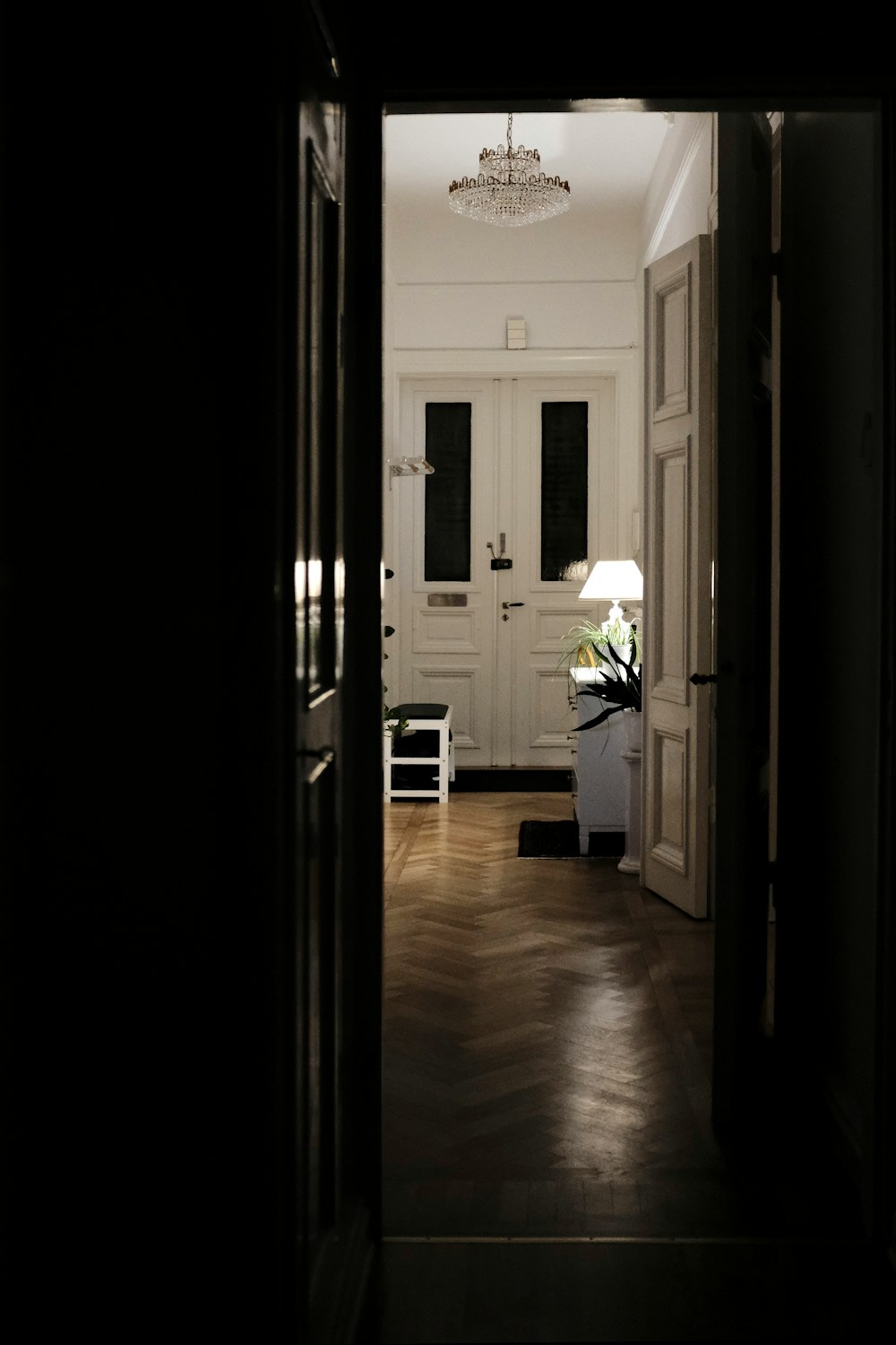 white wooden door near lamp