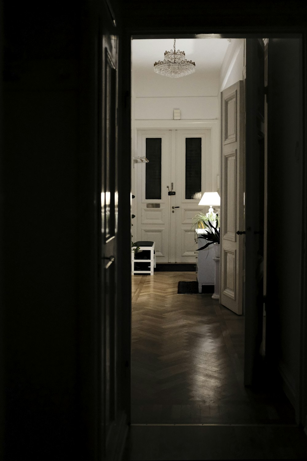 white wooden door near lamp