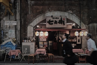 A small, cozy restaurant under a concrete archway displays traditional Japanese lanterns. Outside, there are tables with red checkered tablecloths and empty chairs. The facade is decorated with bottles and a wooden sign above the entrance. People in motion are blurred in the foreground, walking past the establishment.