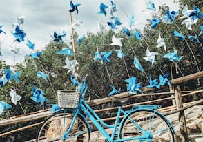 blue bicycle beside brown wooden fence during daytime