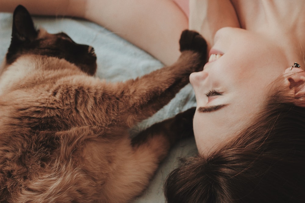 woman lying beside brown cat