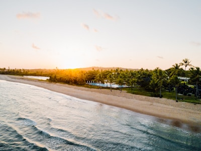 Sunset view over the calm beach at Leyte Haven resort with palm trees gently swaying.