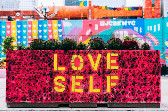A vibrant, colorful mural displayed on a rectangular planter box with the words 'LOVE SELF' in bold yellow letters against a red, patterned background. The planter is filled with greenery and set against a backdrop of multicolored walls with various abstract designs, including hearts and geometric shapes.
