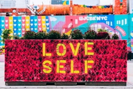 A vibrant, colorful mural displayed on a rectangular planter box with the words 'LOVE SELF' in bold yellow letters against a red, patterned background. The planter is filled with greenery and set against a backdrop of multicolored walls with various abstract designs, including hearts and geometric shapes.