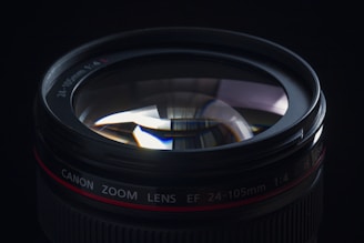 Close-up shot of a DSLR camera lens reflecting a vibrant outdoor scene