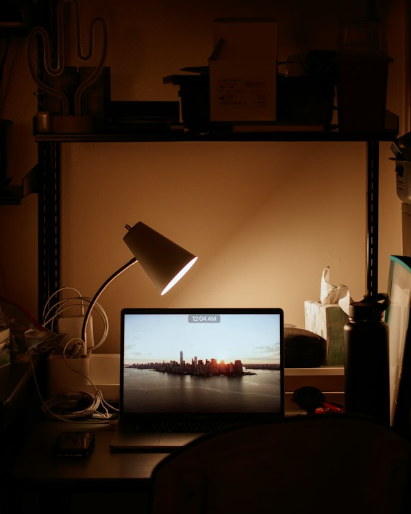 Career changer studying in the evening beside a desk lamp.