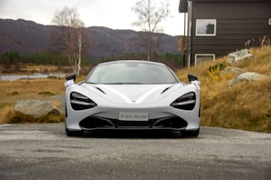 A sleek, high-performance sports car is parked on a paved road surrounded by a rural landscape. The car is metallic silver with aerodynamic lines and black accents. In the background, there is a wooden house on the right, rocky landscape, dry grasses, and barren trees under an overcast sky.