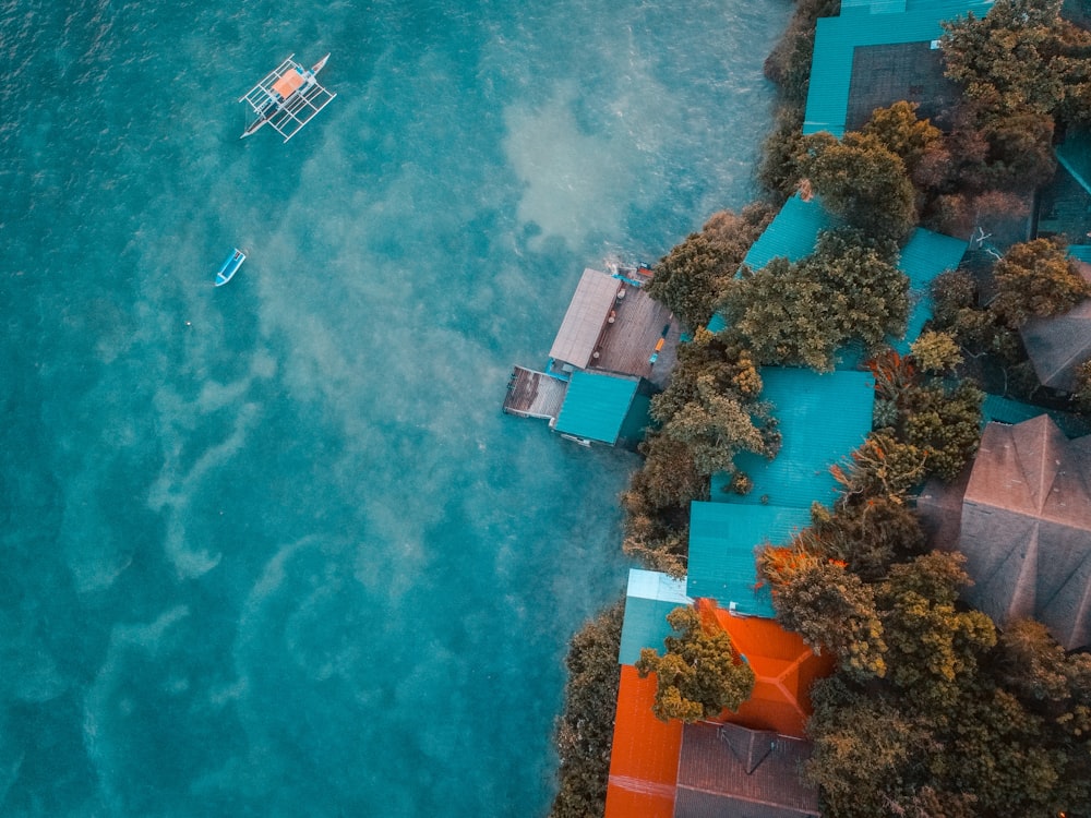 fotografia aérea de casas e mar