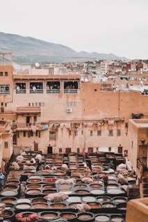 An ancient tannery with numerous circular dyeing pits occupies the foreground. Workers are seen handling hides, surrounded by large stone vessels containing various colored dyes. The buildings in the background are constructed with earthy tones, typical of a historic city, and there are people watching from the balconies. In the distance, a mountain range completes the scenic backdrop.