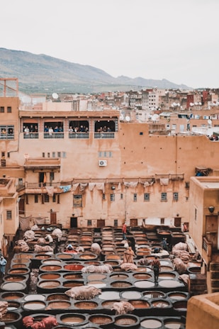 An ancient tannery with numerous circular dyeing pits occupies the foreground. Workers are seen handling hides, surrounded by large stone vessels containing various colored dyes. The buildings in the background are constructed with earthy tones, typical of a historic city, and there are people watching from the balconies. In the distance, a mountain range completes the scenic backdrop.