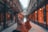 A hand is holding a clear crystal ball in an indoor shopping arcade. The ball captures an inverted reflection of the corridor, showcasing a row of warmly lit shop windows lining the path. The scene has a warm, cozy ambiance with soft lighting creating a sense of depth.