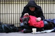 dog on top of person's lap while sitting on ground at daytime