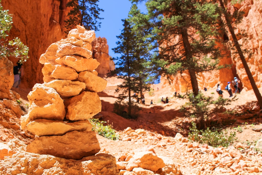 stone cairn on side of cliff overlooking trees at daytime