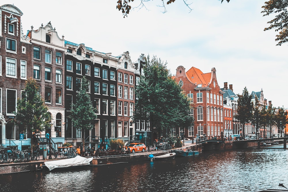 canal with high-rise buildings background