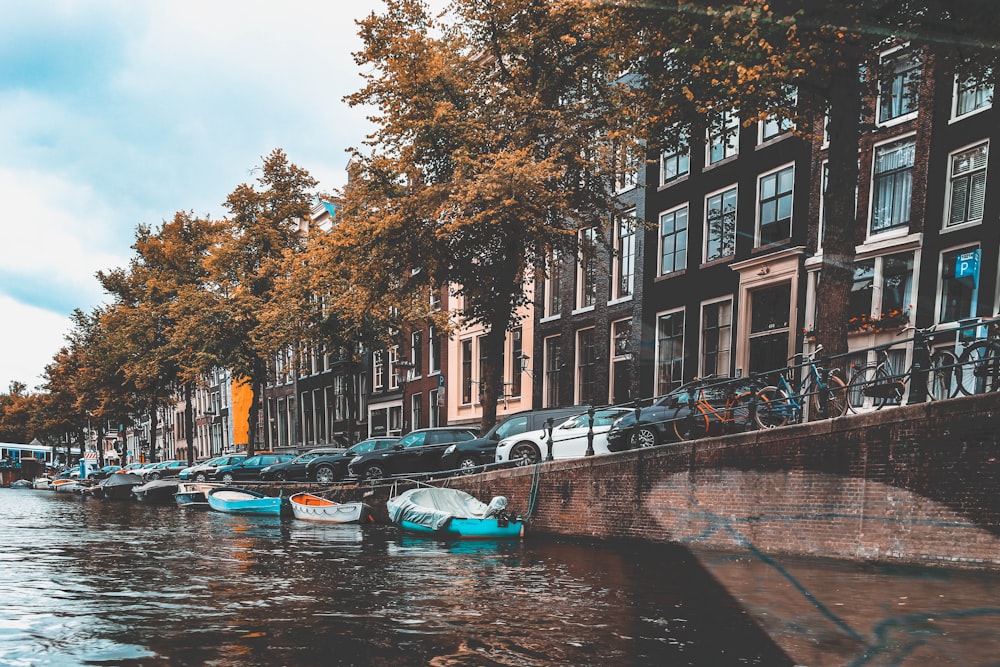 a row of parked boats sitting next to a river