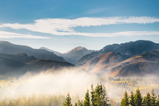 A breathtaking landscape featuring a misty valley surrounded by majestic mountains under a clear, blue sky. The foreground consists of lush green pine trees leading into the fog-covered village below. The mountains display varying shades of grey, brown, and green, illuminated by the soft morning or evening light.