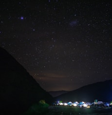 a group of tents are lit up in the dark