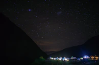 A panoramic shot of a remote campsite under a star-filled night sky.