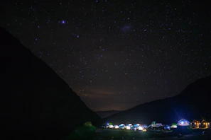 A panoramic view of a campsite with tents pitched near a calm lake under a starry night sky