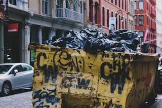 yellow garbage container near silver sedan during daytime