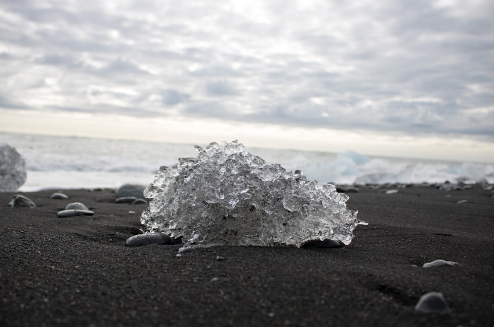 Un gros plan de glace sur une plage près de l’océan