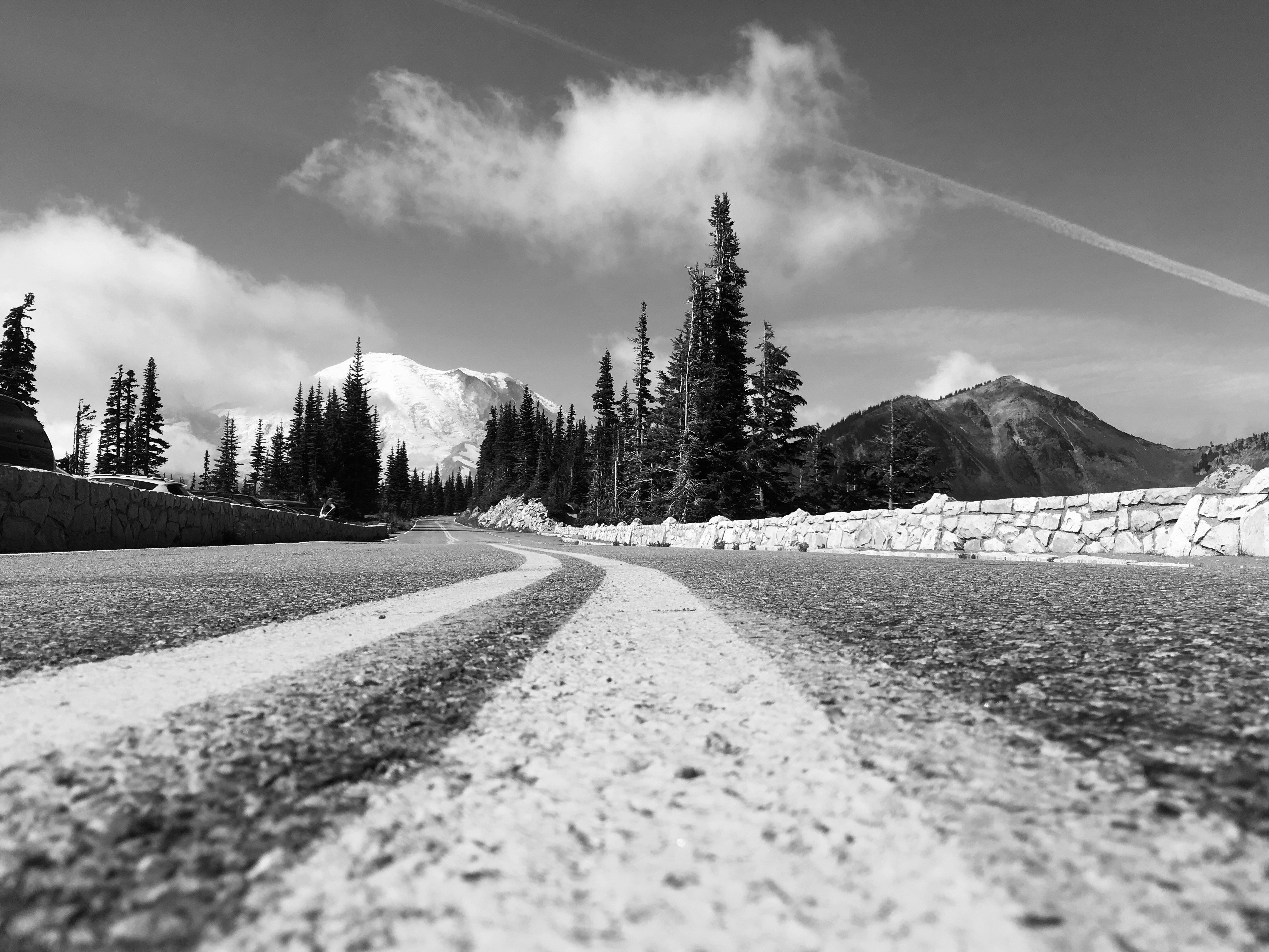 grayscale photography of road