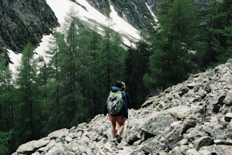 A rugged hiking backpack standing against a backdrop of pine trees and a mountain trail.