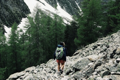 A person with a backpack is hiking on a rocky trail surrounded by pine trees. Snow-covered mountain slopes are visible in the background, highlighting a rugged and natural landscape.