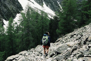 A rugged hiking backpack standing against a backdrop of pine trees and a mountain trail.