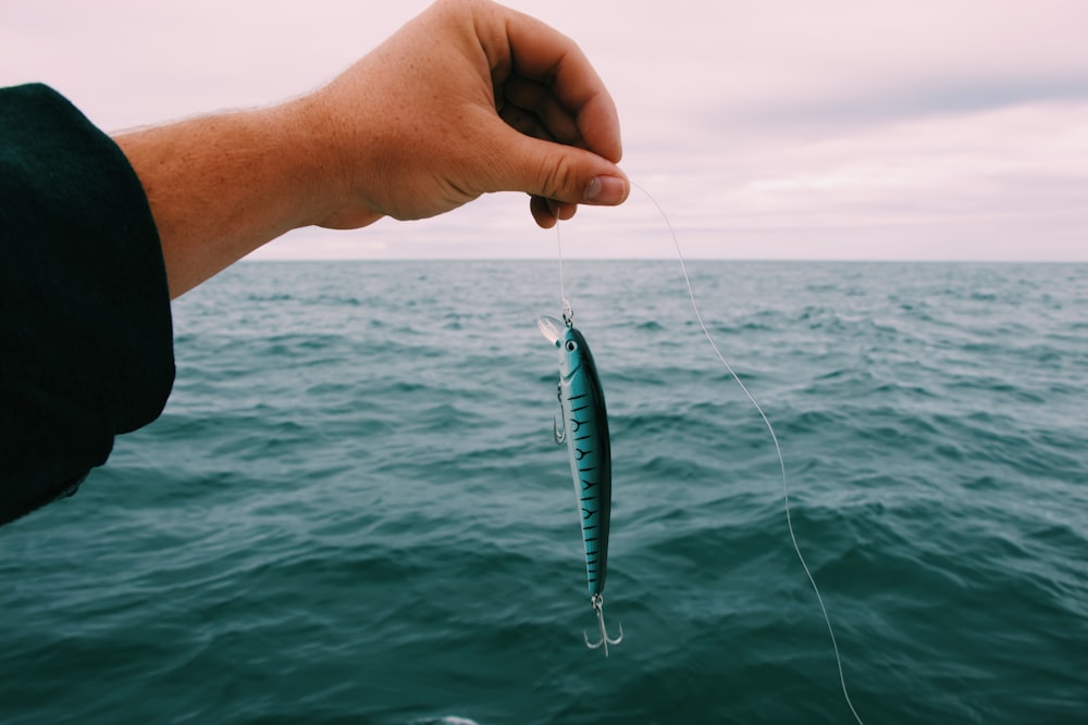 pessoa segurando iscas de pesca azuis e pretas