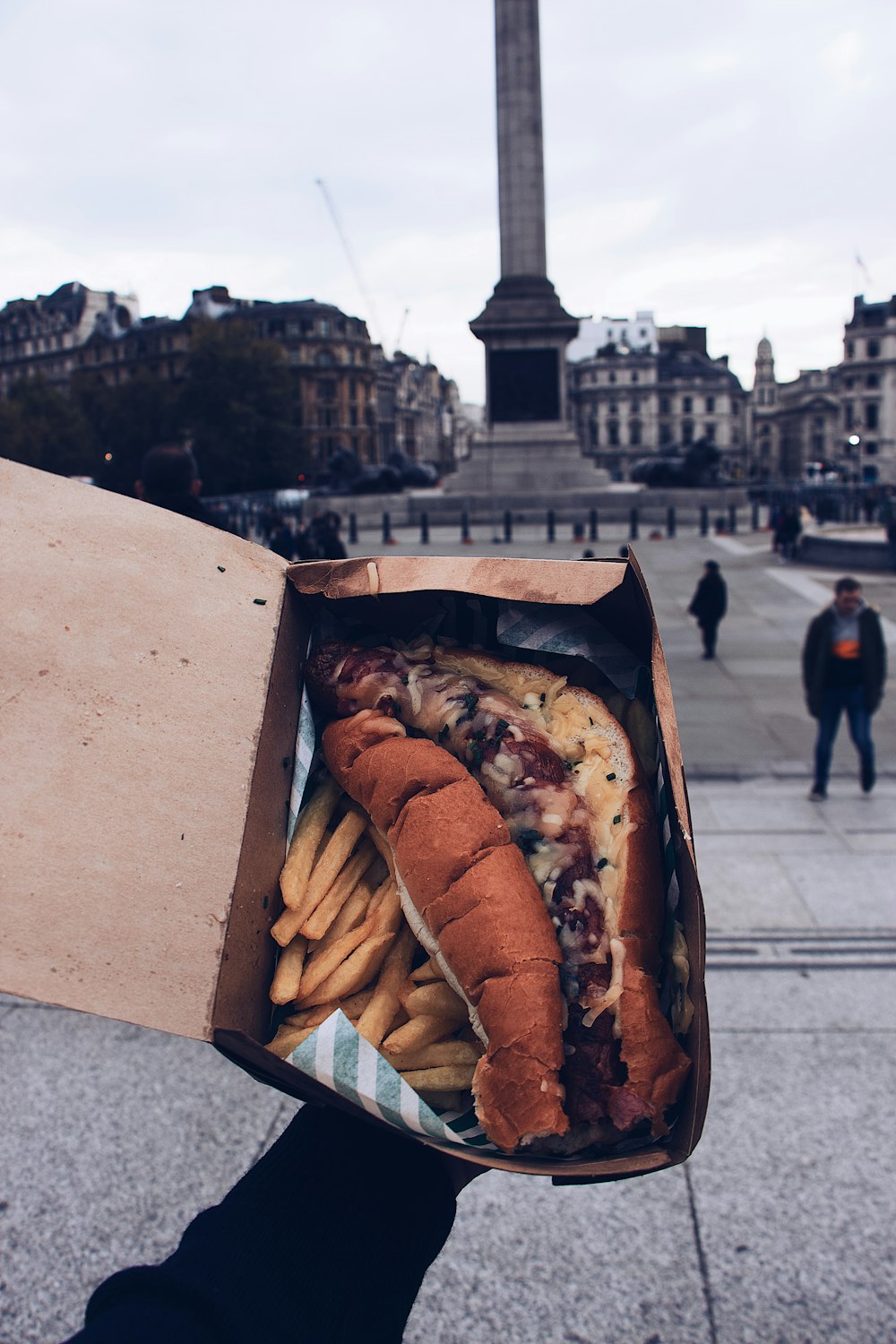 sausage with bun and fries