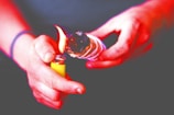 Hands holding a bundle of sage that is being lit by a yellow lighter. The sage appears to be burning, with a visible flame at the tip. The background is out of focus, emphasizing the ritualistic action in the foreground.