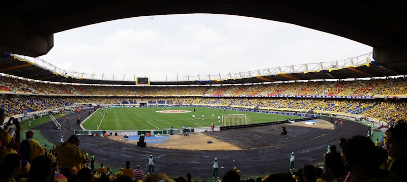 A large football stadium filled with spectators, with a green field in the center where a match is taking place. The crowd is mostly wearing yellow shirts, with some people wearing other colors. The stadium has large stands with seats, and numerous advertising banners are visible. The atmosphere appears lively and energetic.