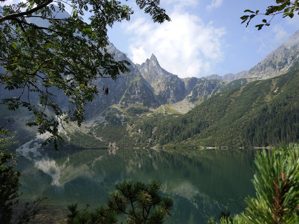 calm body of water with mountain background