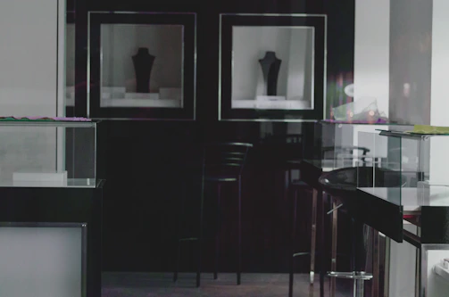 A stylish showroom with minimalist displays and ambient lighting.