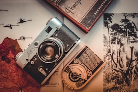 A vintage camera lies on top of an open magazine featuring various black-and-white images, including one of a deer with antlers. Next to the camera is a retro light meter with Cyrillic script and a hardcover book. The setting is enhanced by a sepia tone, giving it a nostalgic feel.